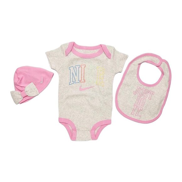 NIKE Baby Girl Pink Bodysuit, Bib, and Bow Hat Box Set - Picture 1 of 5